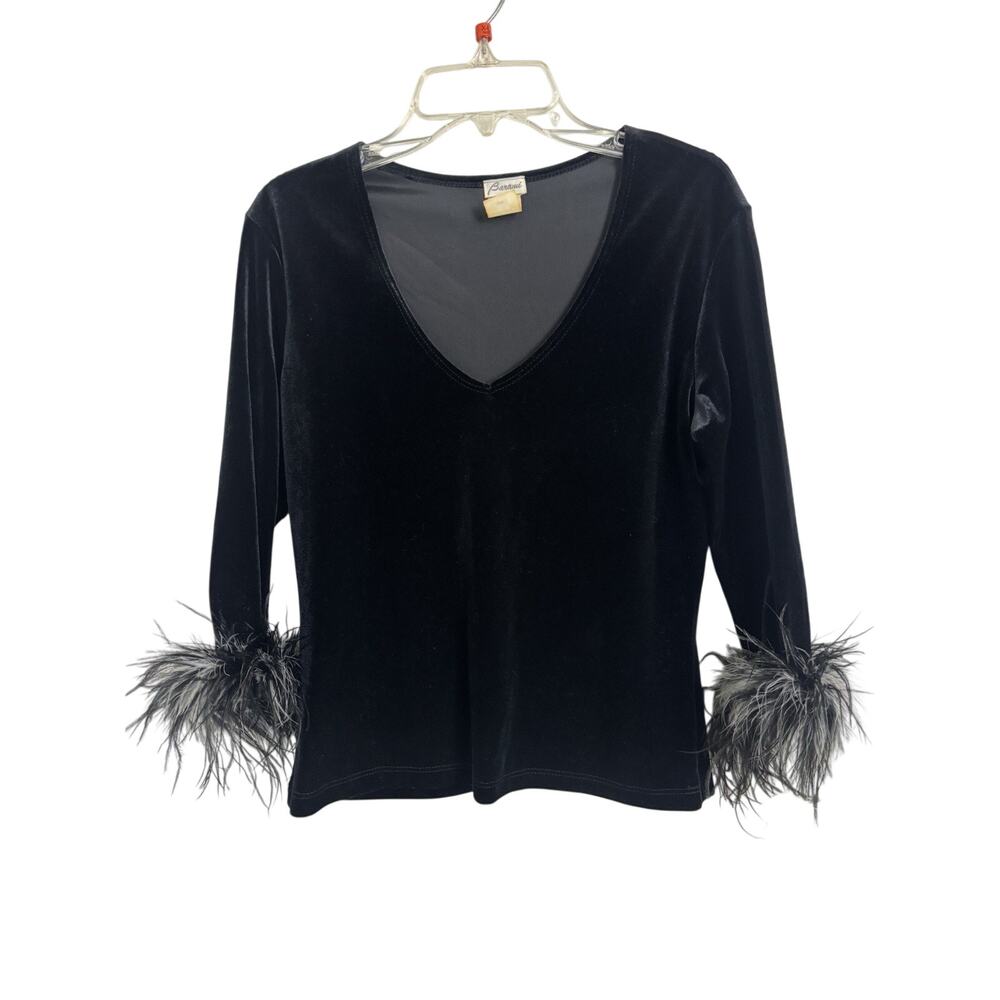 Vtg 90s Black Velvet Feather Cuff V-Neck Top S Whimsigoth Mob Wife Witchy Vampy